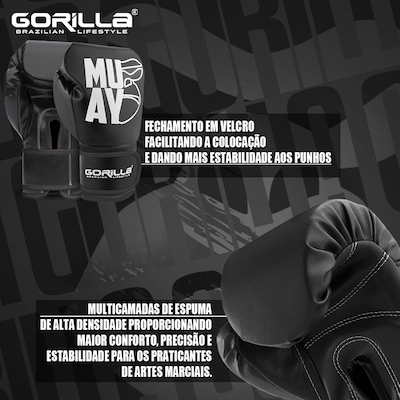 Luva de Muay Thai 12 Oz Expressive Black Gorilla Boxe Kickboxing Fight MMA Combate Profissional - Foto 3