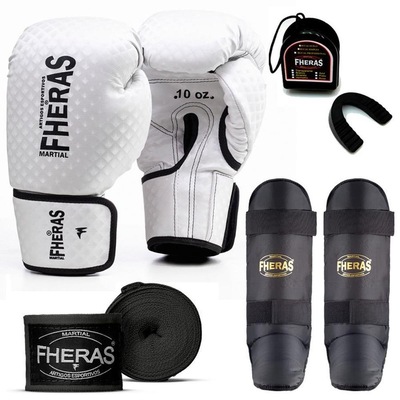 Kit Boxe e Muai Thay Fheras: Luvas + Caneleiras + Bandagem + Protetor Bucal Kickboxing New Prisma - Foto 1