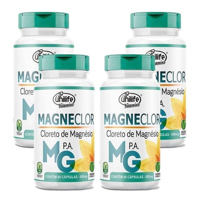 Kit Cloreto de Magnésio Magneclor Vegano Unilife 600mg - 240 Cáps - 4 Unds - Foto 1
