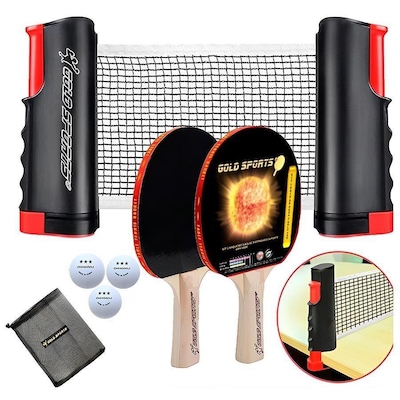 Kit Tênis de Mesa Gold Sports Gold Pro: 2 Raquetes + 3 Bolas 3 Estrelas + Suporte com Rede Retrátil - Foto 1