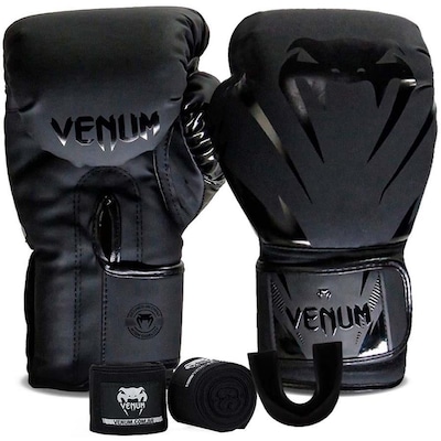 Kit Box Venum New Impact Evo Luva Bandagem E Bucal Preto - Foto 1