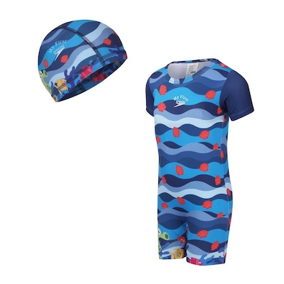 Macaquinho De Natação E Touca Infantil Uv50  Speedo -  Azul - Foto 1