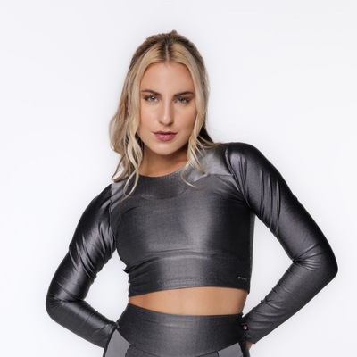 Cropped Manga Longa Justo Poliamida Laminado com Bojo Feminino - Foto 2