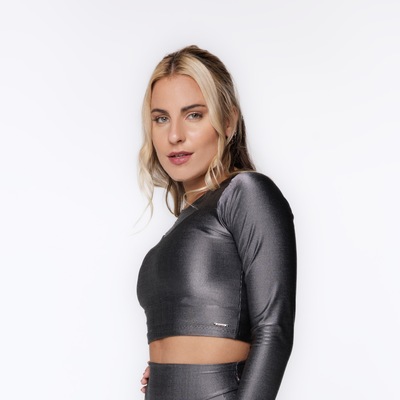 Cropped Manga Longa Justo Poliamida Laminado com Bojo Feminino - Foto 3