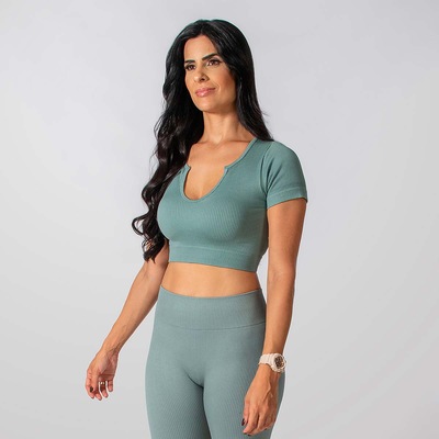 Conjunto Fitness Calça E Cropped Canelado Alma Genius Feminino - Foto 1