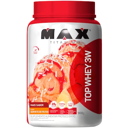 Top Whey 3W + Sabor Max Titanium - Sorvete de Frutas - 900g Menor preço em Top Whey 3W + Sabor Max Titanium - Sorvete de Frutas - 900g