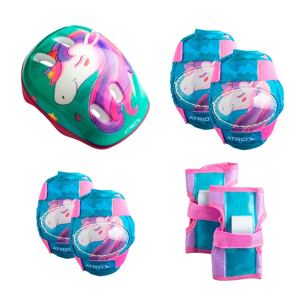 Kit Proteção Infantil Atrio Unicórnio: Joelheiras + Cotoveleiras + Munhequeiras + Capacete | Cor: VERDE/ROSA | Tamanho: único