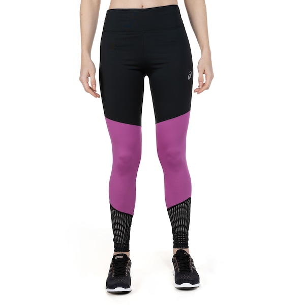 Calça Legging Feminina ASICS Recortes | Cor: PRETO/ROXO | Tamanho: G