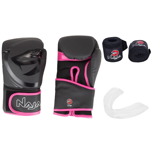 Kit de Boxe Naja: Bandagem + Protetor Bucal + Luvas de Boxe Black - 10 OZ - Adulto
