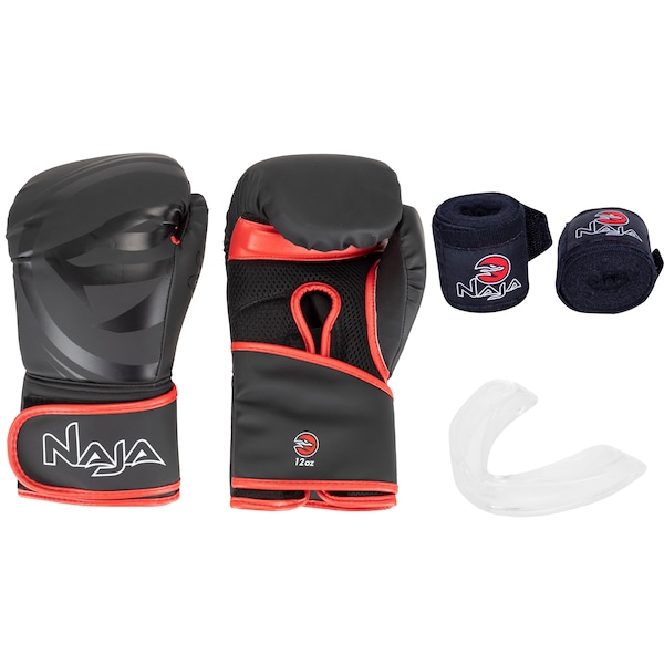 Kit de Boxe Naja: Bandagem + Protetor Bucal + Luvas de Boxe Black - 12 OZ - Adulto