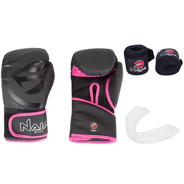 Kit de Boxe Naja: Bandagem + Protetor Bucal + Luvas de Boxe Black - 12 OZ - Adulto