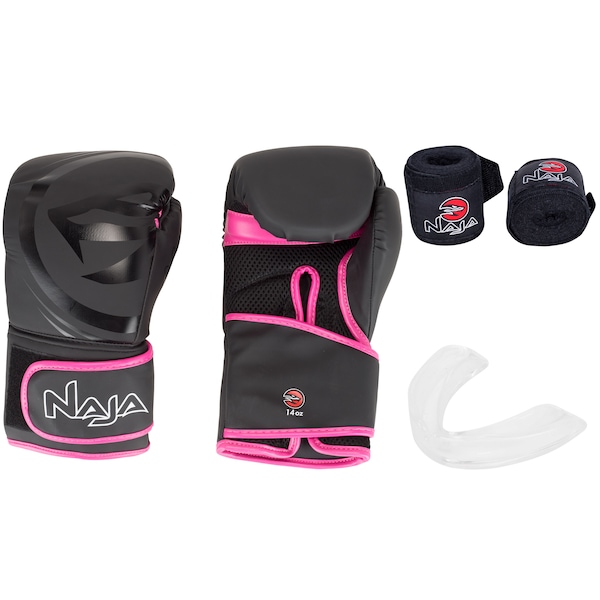 Kit de Boxe Naja: Bandagem + Protetor Bucal + Luvas de Boxe Black - 14 OZ - Adulto