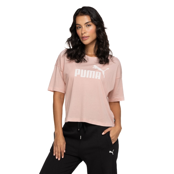 Blusa Feminina Manga Curta Cropped Puma Essentials Logo Tee | Cor: ROSA CLARO | Tamanho: G