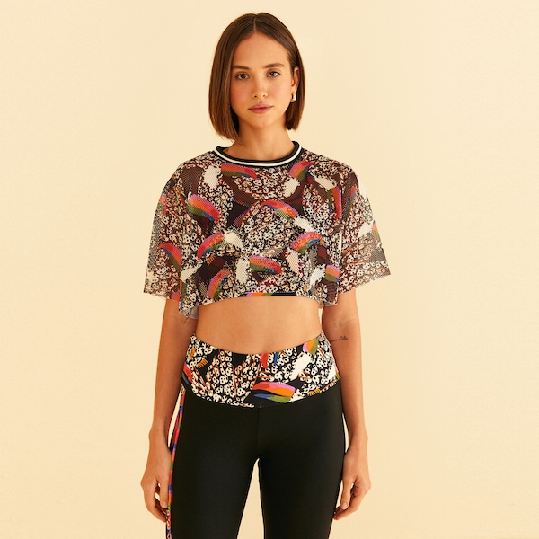 Blusa Cropped Feminina Farm Tela Tucano Onça | Cor: PRETO/ROSA | Tamanho: M