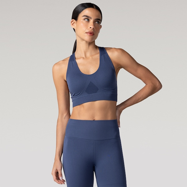 Top Fitness com Bojo Removível Oxer Baixa Sustentação Nadador Sem Costura Adulto | Cor: AZUL ESCURO | Tamanho: G
