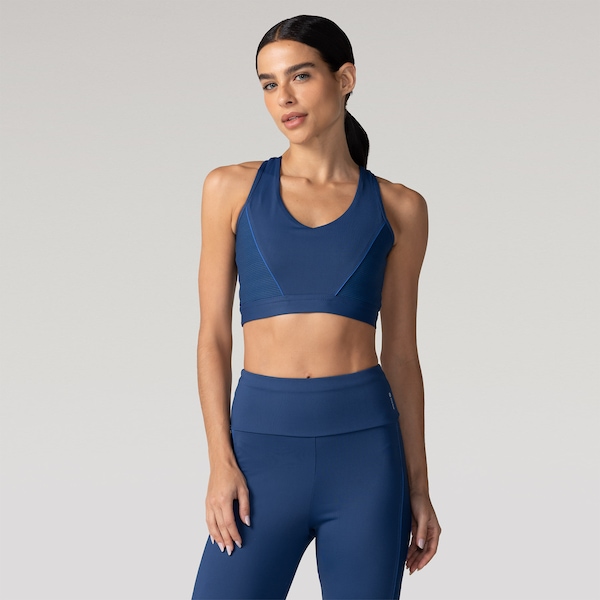 Top Fitness com Bojo Removível Oxer Alça Cruzada Textura Média Sustentação Adulto | Cor: AZUL ESCURO | Tamanho: GG