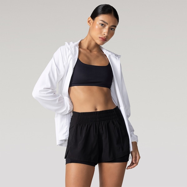 Short Feminino Oxer Duplo Vivos com Bermuda Interna e Bolsos | Cor: PRETO | Tamanho: G