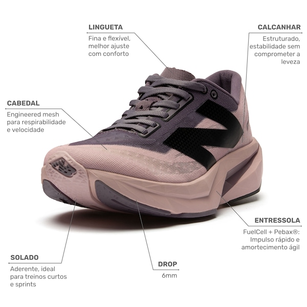 Vista 3 Tênis New Balance Fuelcell Rebel V4 Feminino ROSA CLA/ROXO New Balance ROSA CLA/ROXO