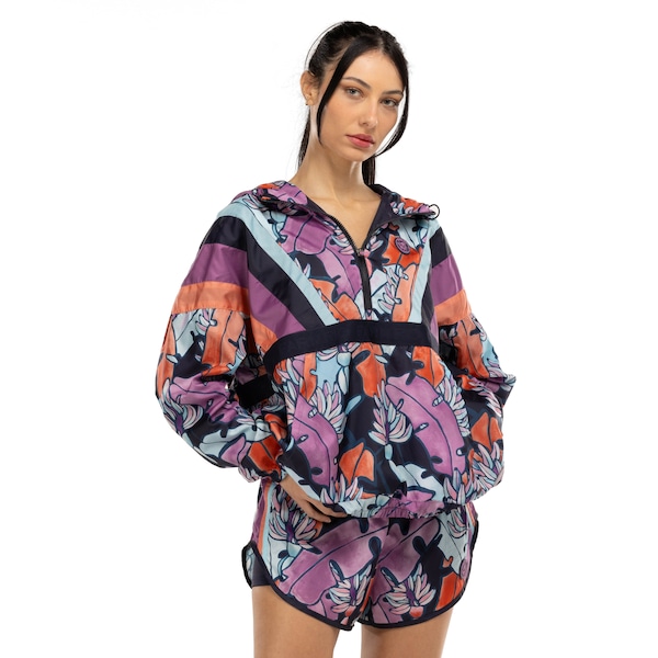 Jaqueta Farm Nylon Banana Flora Feminina | Cor: AZUL ESC/ROSA | Tamanho: M