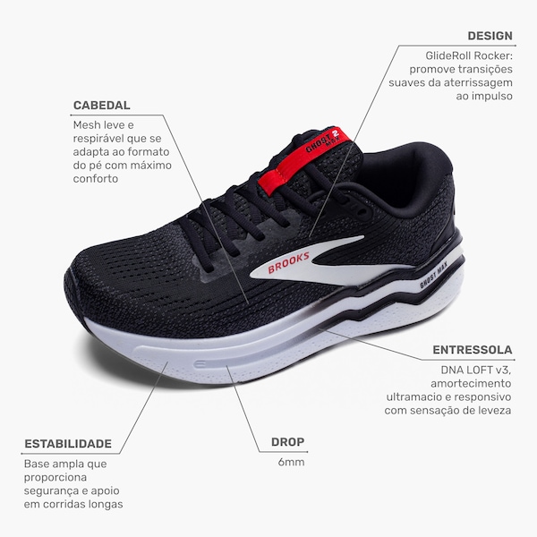 Vista 2 Tênis Masculino Brooks Ghost Max 2 PRETO/BRANCO Brooks PRETO/BRANCO