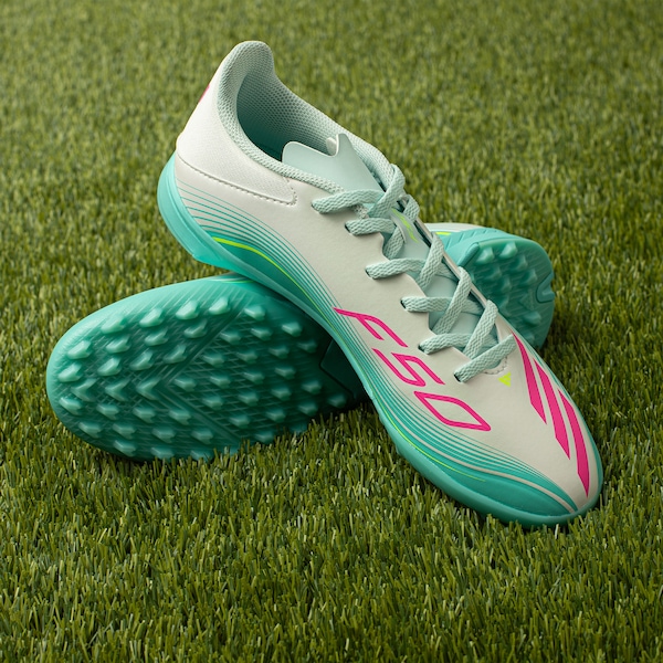 Vista 3 Chuteira Society Júnior adidas F50 Messi League BRANCO/AZUL CLA Adidas BRANCO/AZUL CLA