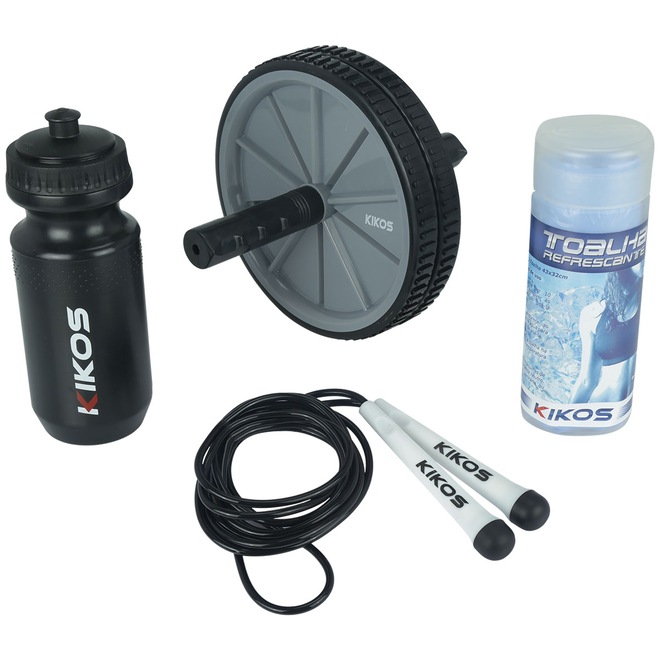 Kit Treino Funcional Kikos: Corda de Pular, Roda de Exercícios Abdominais, Squeeze e Toalha - Foto 1