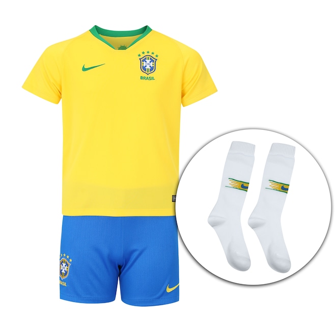 Kit de Uniforme de Futebol da Seleção Brasileira I 2018 Nike: Camisa + Calção + Meião - Juvenil - Foto 1