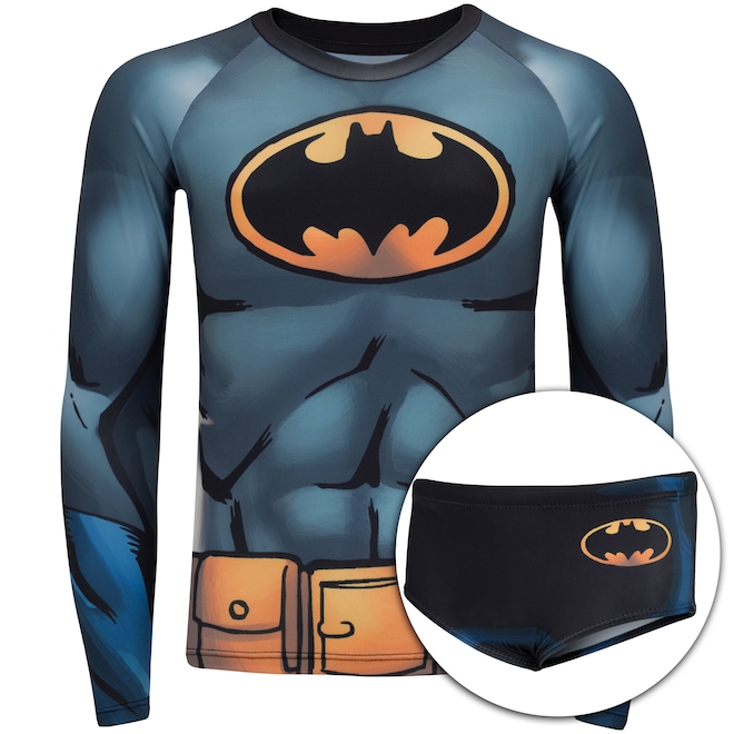 Conjunto Camiseta Manga Longa com Proteção Solar UV e Sunga Liga da Justiça Batman - Infantil - Foto 1
