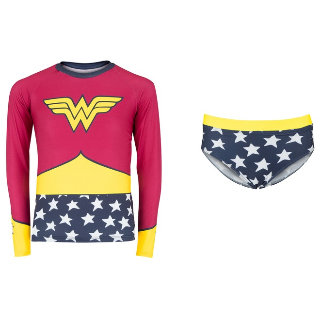 Conjunto Camiseta Manga Longa Proteção Solar UV e Sunkini Liga da Justiça Mulher-Maravilha Infantil - Foto 1