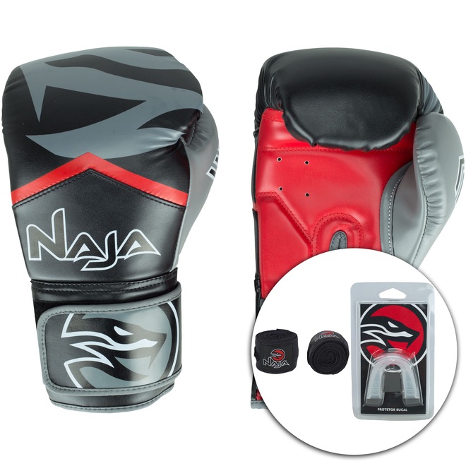 Kit de Boxe Naja: Bandagem + Protetor Bucal + Luvas de Boxe New Extreme - 14 OZ - Adulto - Foto 1