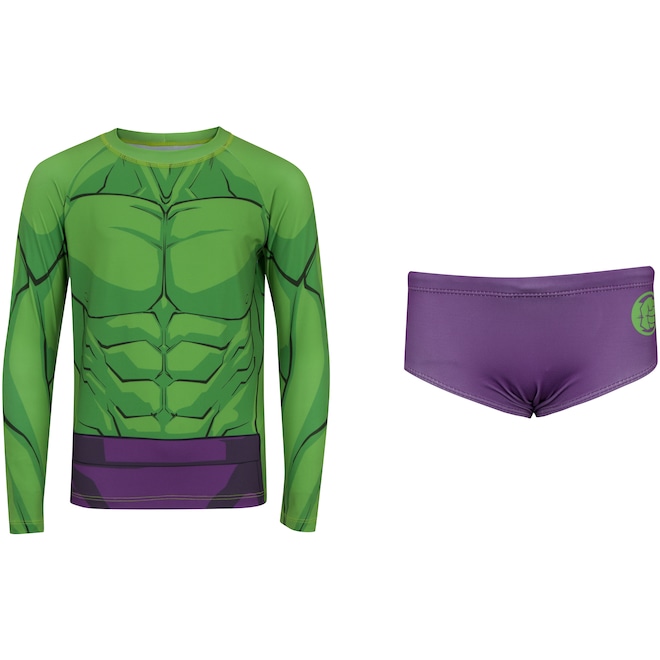 Conjunto Camiseta Manga Longa com Proteção Solar UV e Sunga Marvel Hulk - Infantil - Foto 1