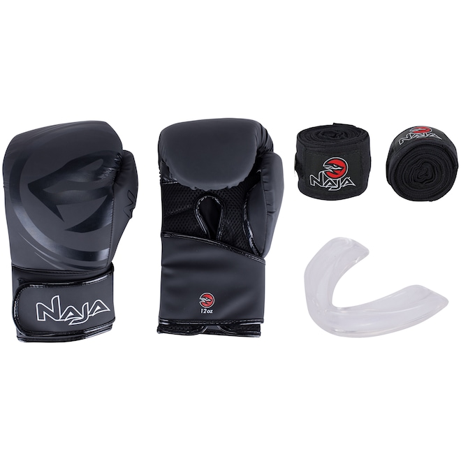 Kit de Boxe Naja: Bandagem + Protetor Bucal + Luvas de Boxe Black - 12 OZ - Adulto - Foto 1