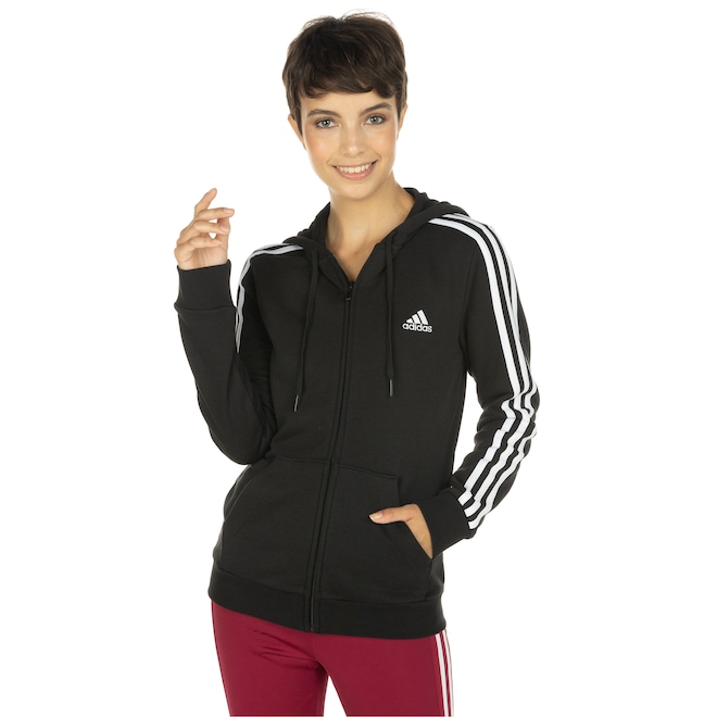 Blusa de Moletom adidas com Capuz 3 Listras com Zíper - Feminina - Foto 2