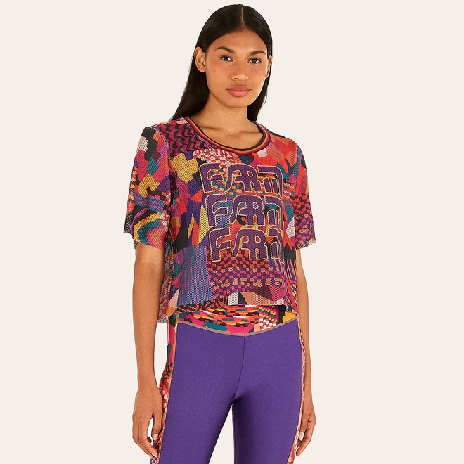 Blusa Feminina Manga Curta Cropped Farm Tela Patch Gráfico - Foto 1