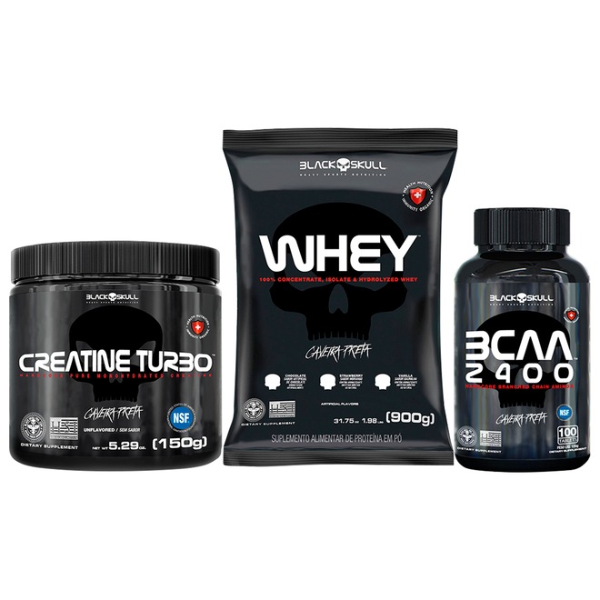 Kit Black Skull Whey Protein 100% Isolado Morango 900g + Creatina Turbo 150g + BCAA 2400 120g - Foto 1