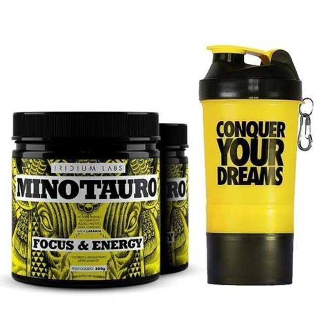 Pré-Treino Iridium Labs Minotauro - Laranja - 300g - 2 Potes + Coqueteleira com 3 Compar - 500ml - Foto 1
