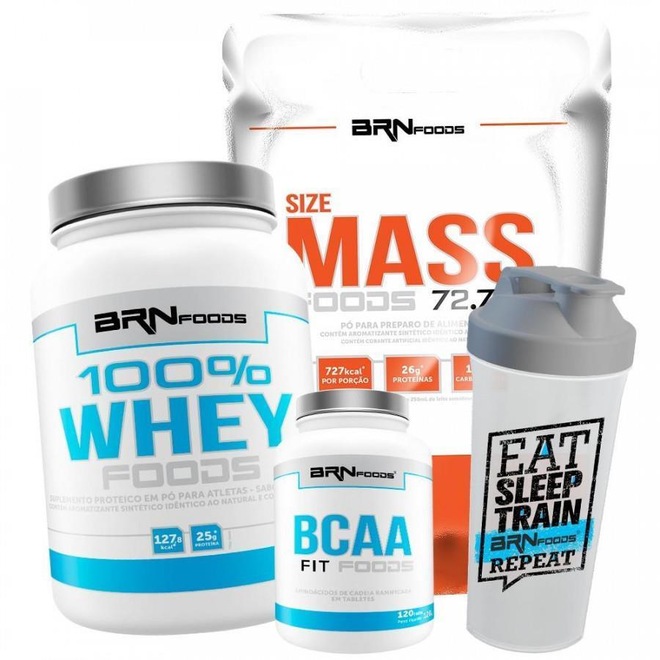 Kit Size Mass BRN Foods - Baunilha - 3kg + 100% Whey Protein - Baunilha + BCAA Fit + Coqueteleira - Foto 1
