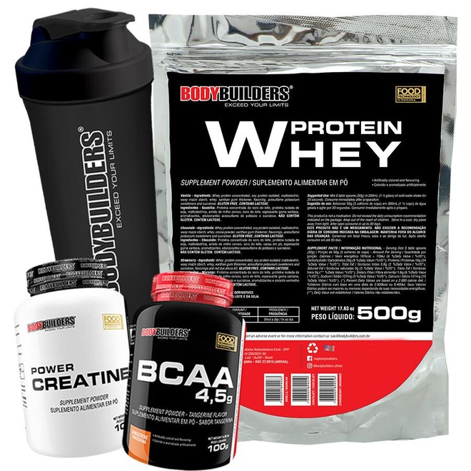 Kit Whey Bodybuilders Baunilha 500g  + BCAA + Creatina 100g + Coqueteleira - Foto 1