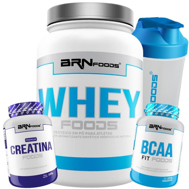 Kit Whey Protein BRN Foods Morango - 900g + BCAA 100g + Creatina 100g + Coqueteleira - Foto 1