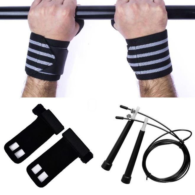 Kit Cross Training Corda Speed + Munhequeiras Profissional + Luva hand Grip Couro - Adulto - Foto 1