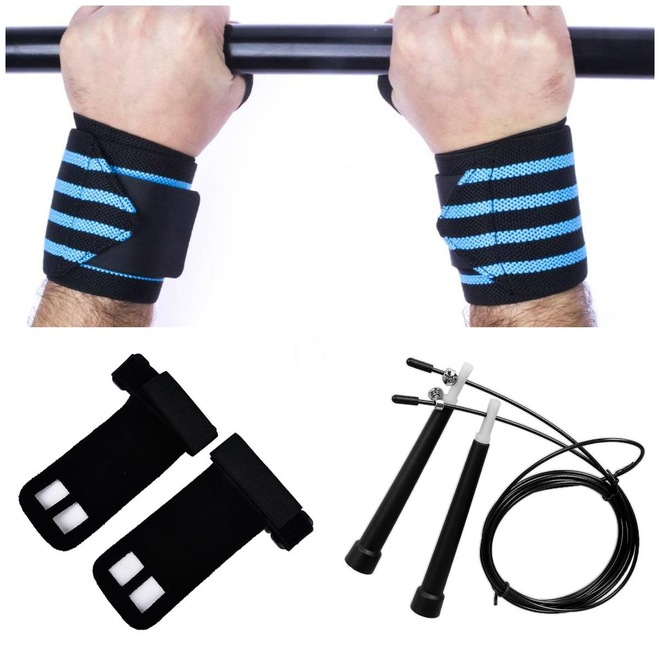 Kit Cross Training Corda Speed + Munhequeiras Profissional + Luva hand Grip Couro - Adulto - Foto 1