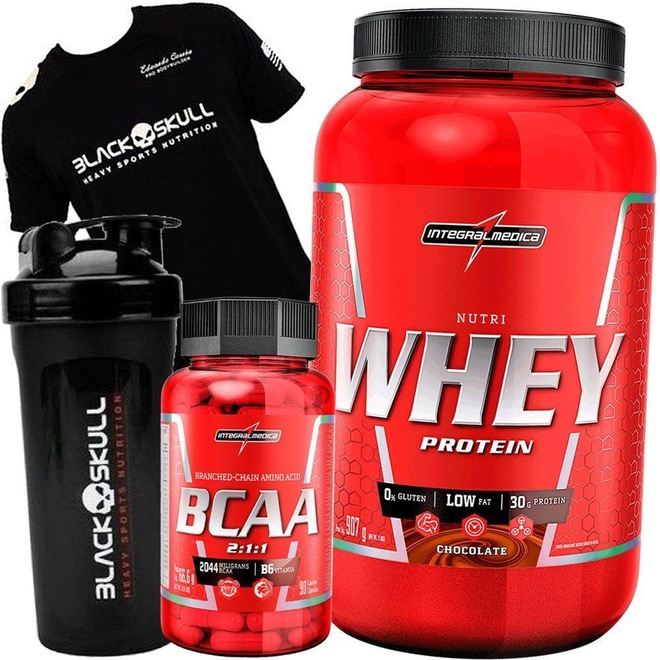 Combo com Nutri Whey Protein Integralmedica 907g + Bcaa 2:1:1 com 90 Cáp. + Camisa Black Skull Bope - Foto 1