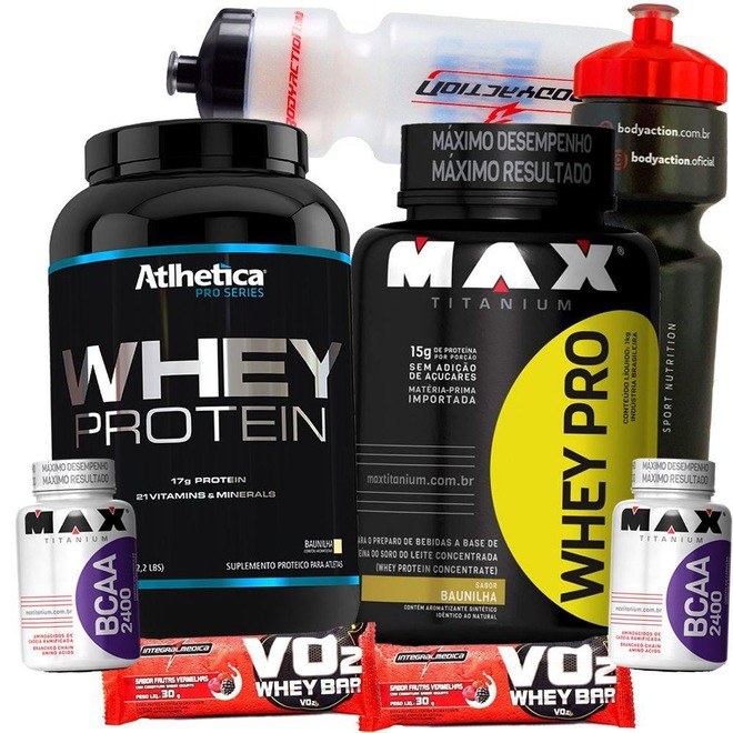 Whey Protein Max Titanium Pro Serie 1kg + Wey Pro 1kg Concentrado + BCAA - 60 caps + Squeeze + Barra - Foto 1