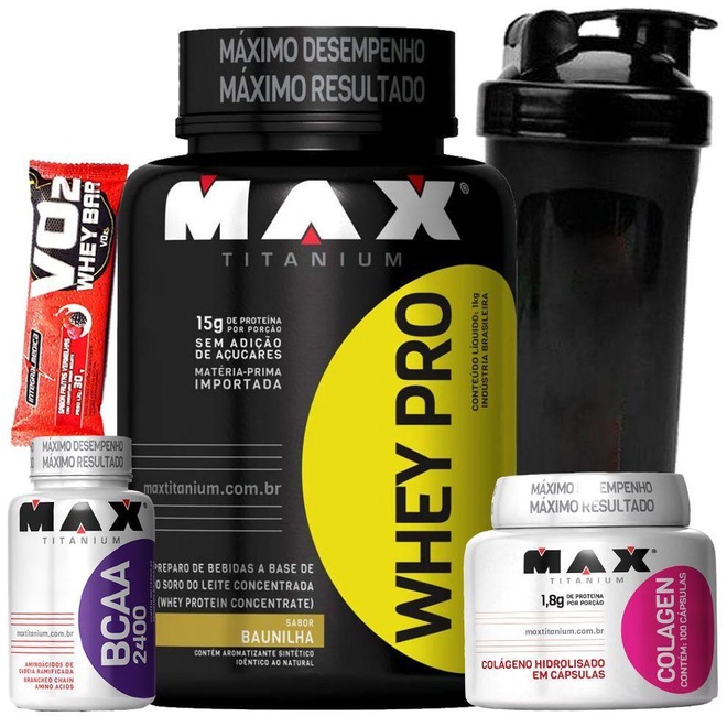 Whey Pro Concentrado Max Titanium -1kg + BCAA 2400 + Colágeno -100caps + Copo Wey - Foto 1