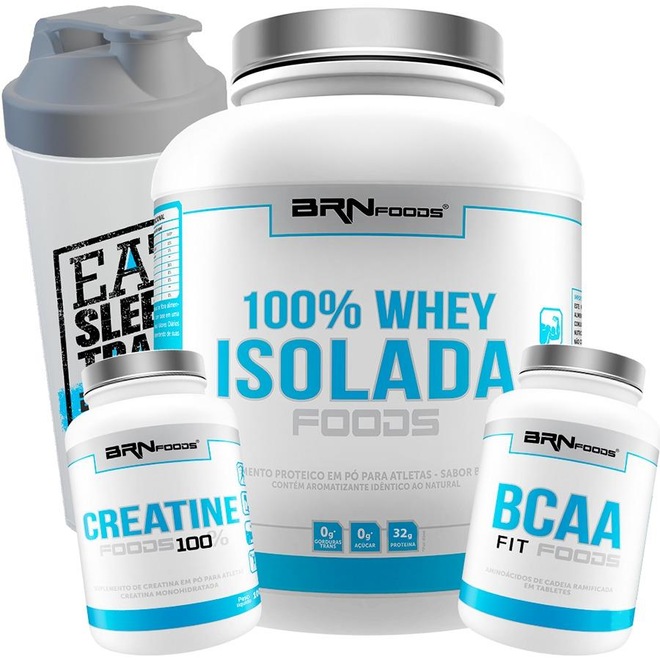 Kit 100% Whey Protein Isolado BRN Foods 2kg Baunilha + BCAA + Creatina + Coqueteleira - Foto 1