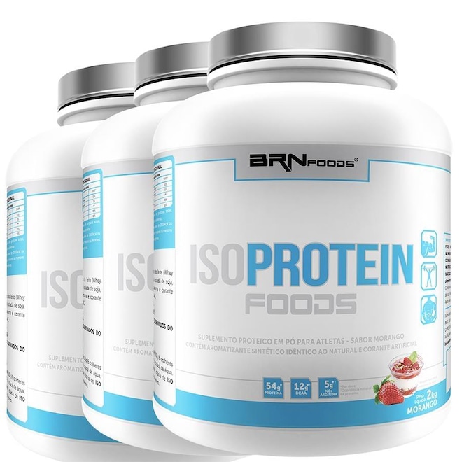 Kit Whey Protein Isolado BRN Foods - Morango - 2kg - 3 Unidades - Foto 1