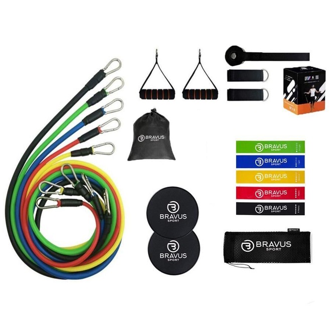 Kit de Extensor Elástico Bravus Sport Tubing Basic - 11 peças + Disco Deslizante + 5 Mini Bands - Foto 1