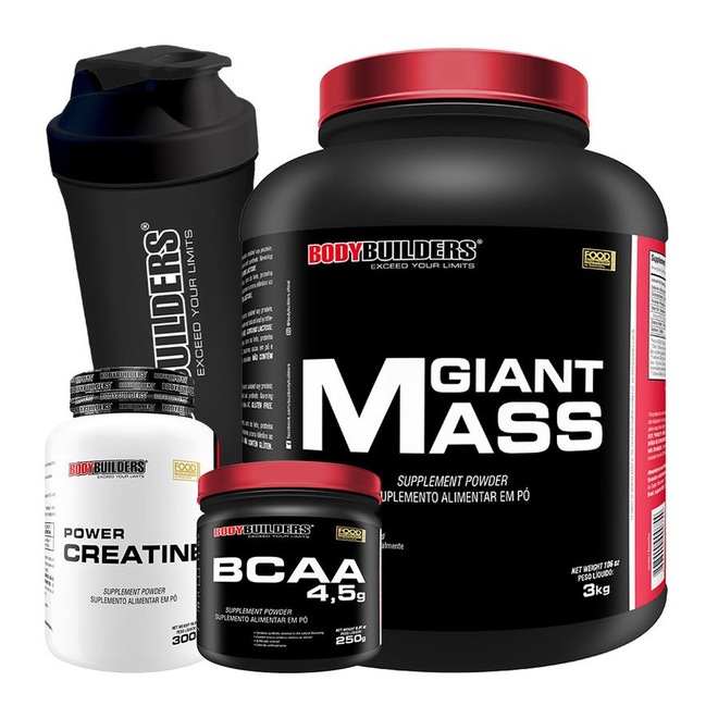 Kit Bodybuilders Hipercalórico Giant Mass Baunilha 3kg + Creatina 300g + BCAA 4.5 250g + Coqueteleira - Foto 1