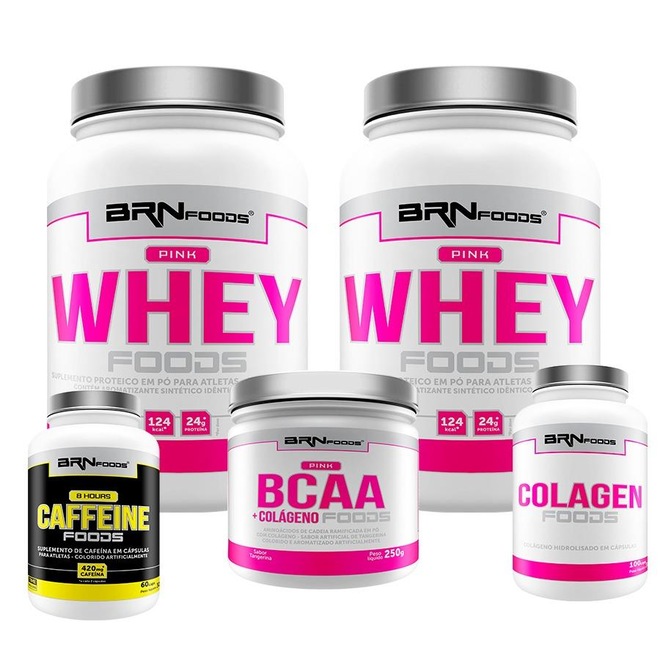 Kit 2x Pink Whey Protein BRN Foods 900g Chocolate + Pink BCAA 250g + Colageno + Cafeina - Foto 1