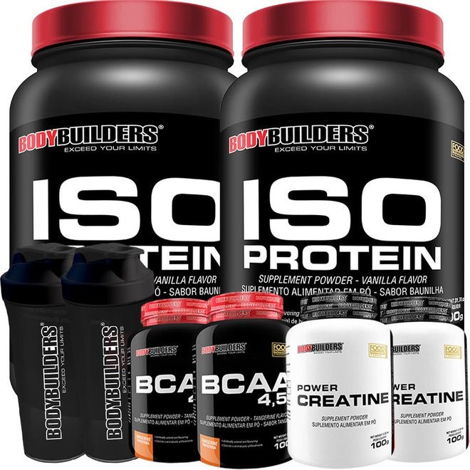 Kit 2x Iso Protein Bodybuilders - Chocolate e Morango - 900g + 2x Creatina - 100g + 2x BCAA - Tangerina - 100g + 2x Coqueteleira - Foto 1